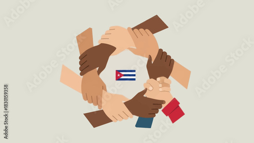 Diverse hands join in unity around the cuban flag, symbolizing cooperation and solidarity.