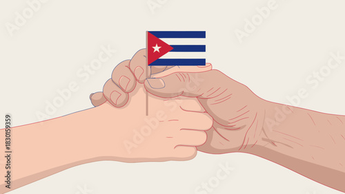 Two hands clasped together, one holding a cuban flag, representing unity and agreement.