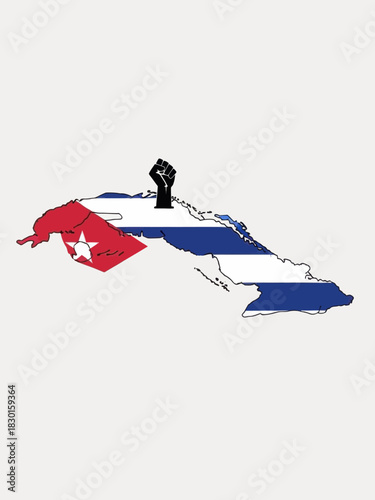 Cuba map outline with flag colors and a black fist symbol, concept of freedom.