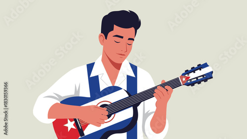 Cuban man plays guitar with flag. Musician in traditional shirt with suspenders. Vector illustration.