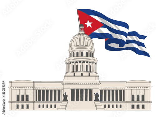 Cuba flag waving over the national capitol building in havana, cuba. Illustration.