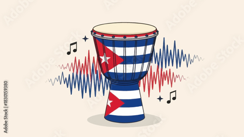 Cuban djembe drum with flag design, music notes, and sound waves for cultural rhythm.