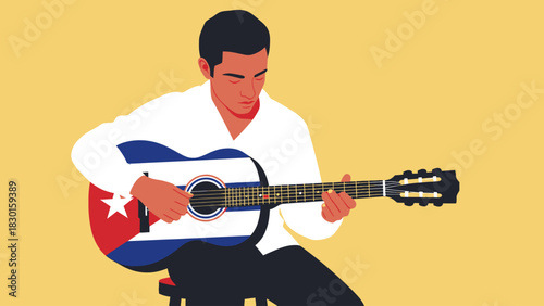 Young cuban man plays a guitar painted with the flag of cuba. Cuban culture concept.