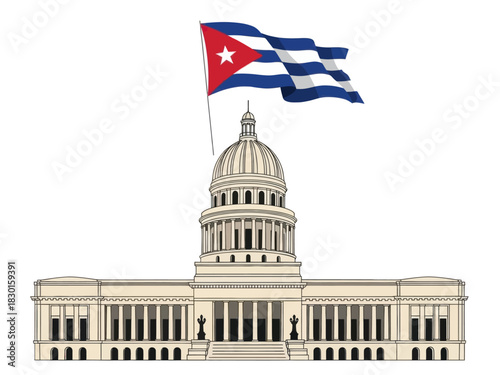 Illustration of the national capitol building in havana with the cuban flag waving.