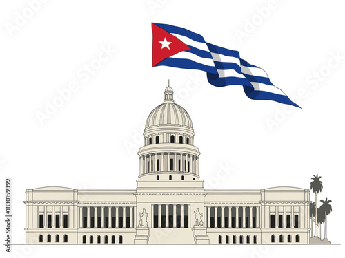 Vector of the national capitol building in havana, cuba with the cuban flag waving.