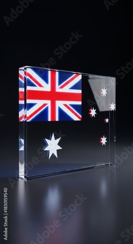 Australian flag encased in clear acrylic block, symbol of national pride and identity.