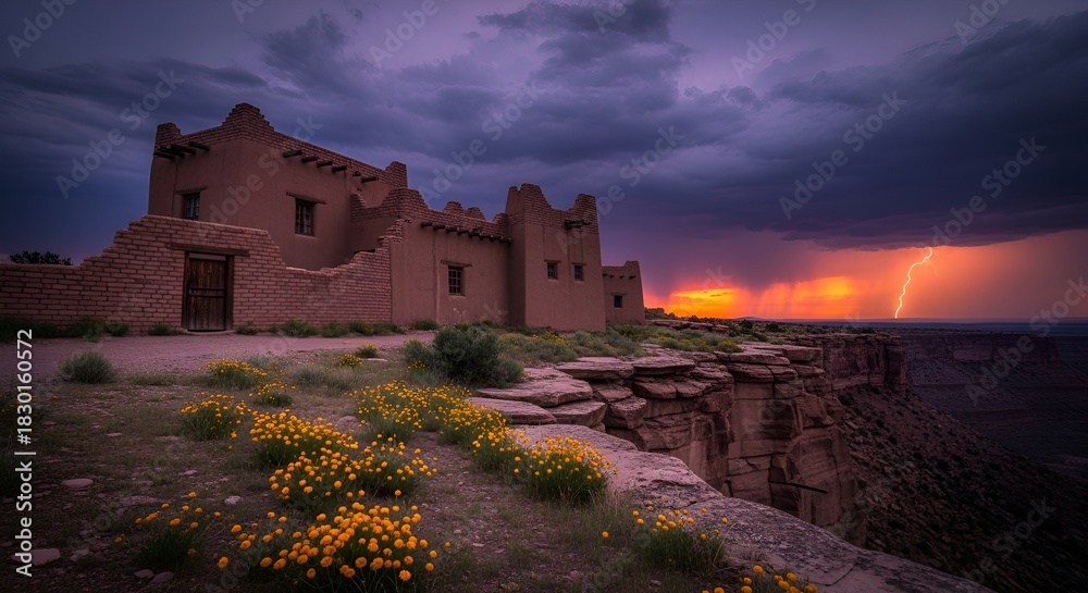 Fototapeta premium Dramatic view of Pueblo architecture with lightning strikes and ominous storm clouds at dusk.