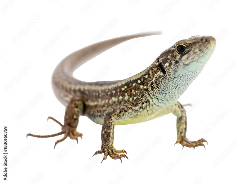 Naklejka premium A brown lizard stands on a black background. Its tail arches slightly upward, and it has detailed skin patterns