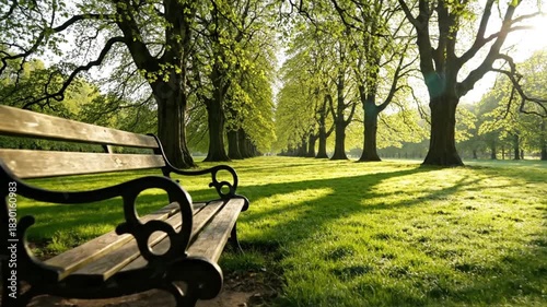 Tranquil Park Scene Bench Trees and Sunlight in Motion