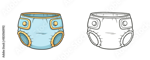 Cartoon style illustrations of a baby diaper with fasteners, one in blue and yellow colors, the other in black and white outline for kids book