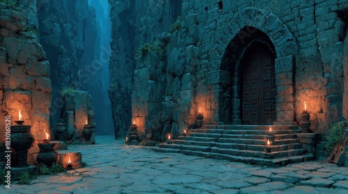 Mysterious ancient stone architecture with candles and an intriguing doorway, fantasy scene