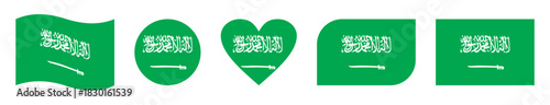Collection of Saudi Arabia Flag Vector Icons in Five Distinct Shapes Including Waving, Circular, Heart, Curved Corner, and Rectangular Designs Featuring the Shahada and Sword Symbol
