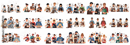 A large collection of diverse baristas grinding coffee beans, steaming milk, and pouring professional latte art, showcasing coffee preparation and service illustration set.
