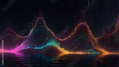 Cyberpunk inspired audio equalizer wave peaks are glowingly rendered in vibrant neon colors and reflected on the dark water surface.