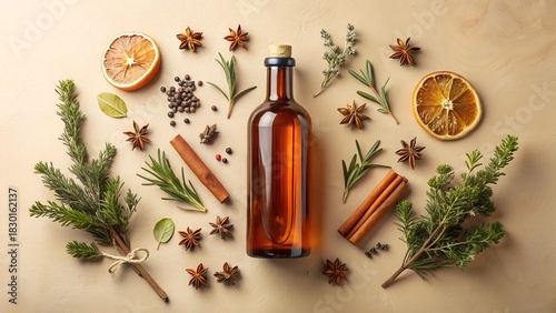 Aromatic botanical ingredients and amber glass bottle arranged in a circle for herbal infusion or natural beverage preparation