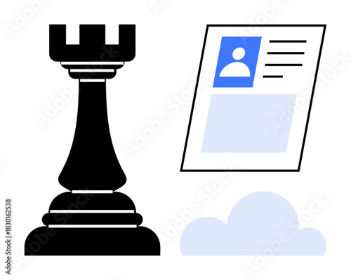 Digital identity concept. Chess rook, official profile card, and cloud secure digital strategies. Digital identity for industries thumbs up cybersecurity, business, data management, and technology