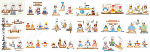 A collection of various baking illustrations showcasing chefs kneading dough, using rolling pins, and decorating cupcakes, perfect for bakery and cooking concepts.