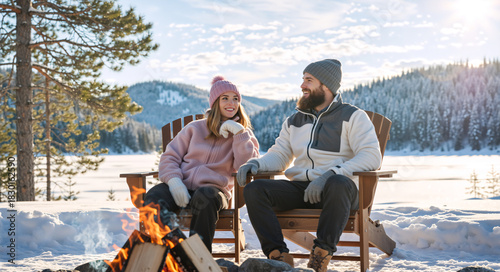 Happy couple sitting by a campfire in a snowy winter landscape. Man and woman relaxing on wooden chairs near a bonfire in nature. Winter vacation and romance concept