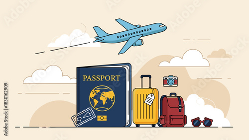 Travel planning with passport, luggage, camera and airplane in the sky