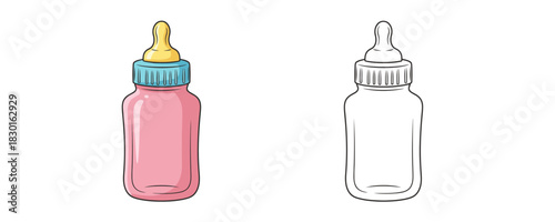 Illustrated baby bottles in pink and outline, for feeding infants, isolated on white background, essential for newborns and toddlers