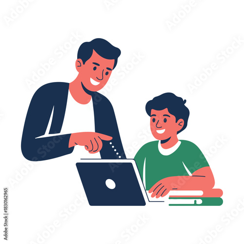 Man teaching boy using laptop with books nearby flat illustration child learning