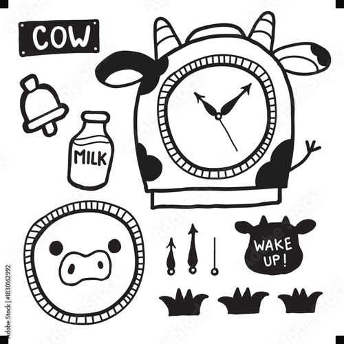 Cute cow clock clipart - educational farm animal craft diy printable