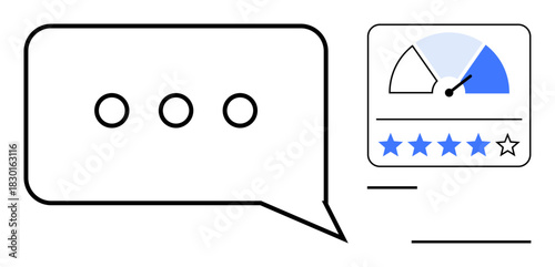 Customer feedback concept. Customer feedback with chat bubbles, rating stars, and satisfaction gauge. Customer feedback improves quality and enhances user experience. For reviews, surveys, ratings