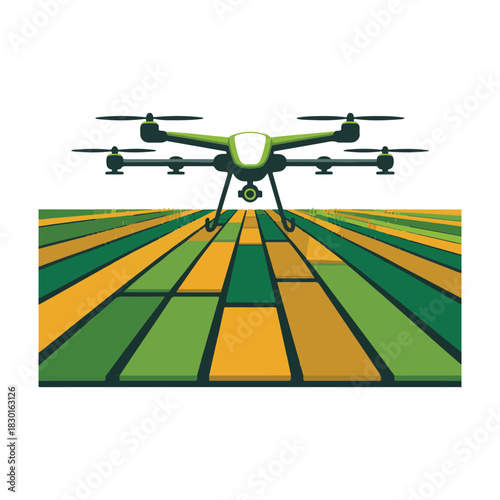 Green drone flying over abstract green and orange agricultural fields agriculture technology