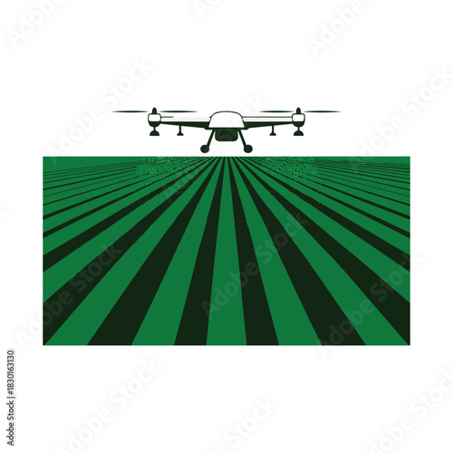 Drone flying over green agricultural field with dark stripes quadcopter agriculture