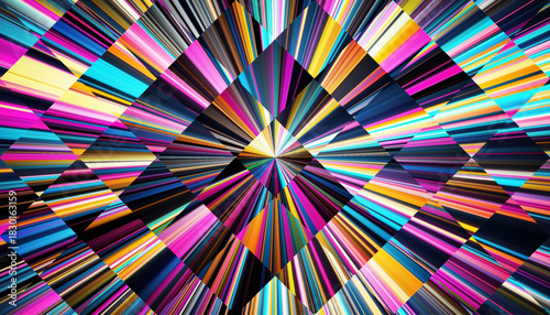 Iridescent geometric converging beams of radiant light through structured fractal glass grid. Colorful shining diamond prism pattern with dazzling interplay of light and geometry for abstract posters