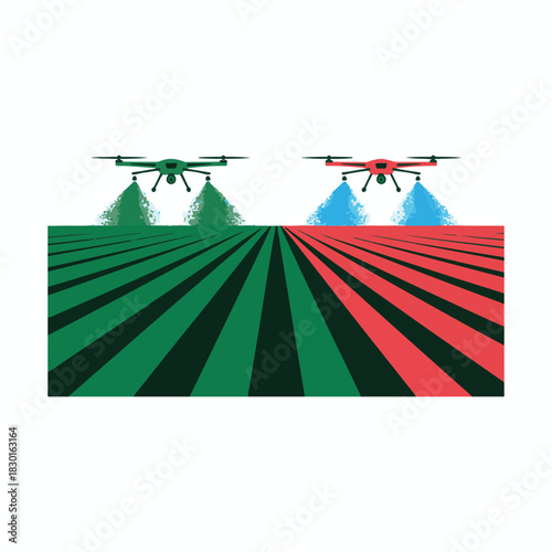 Two drones spraying crops over a striped green and red field agriculture technology