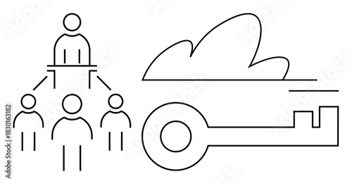 Cloud shape connected to a key symbol alongside a leader and team hierarchy diagram. Ideal for leadership, digital security, remote access, teamwork, cloud storage, data protection, simple flat
