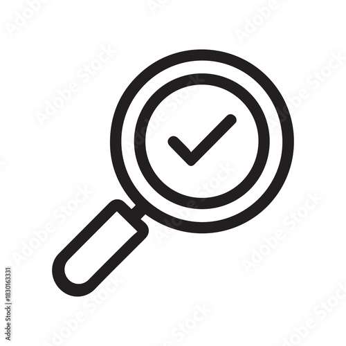 Magnifying Glass Icon with Checkmark Inside, Black Outline Symbol