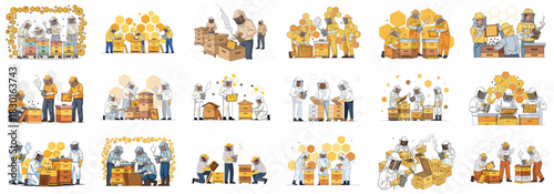 Collection of vector illustrations depicting beekeepers in protective suits managing honey beehives, frames, and using smokers for honey production and apiculture work.