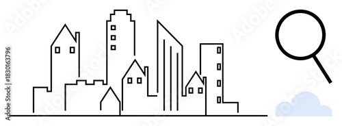 Skyline of urban buildings, skyscrapers, small houses, magnifying glass suggesting searching or research. Ideal for city planning, real estate, analytics, discovery, evaluation urban design growth