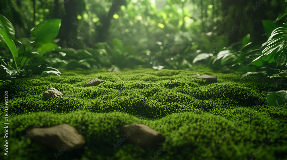 Obraz premium Lush green mossy forest floor with rocks, sunlight filtering through the dense canopy