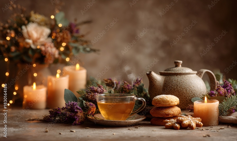 Fototapeta premium Steaming cup of tea and a teapot with cookies, surrounded by lit candles and winter decorations for a festive holiday mood