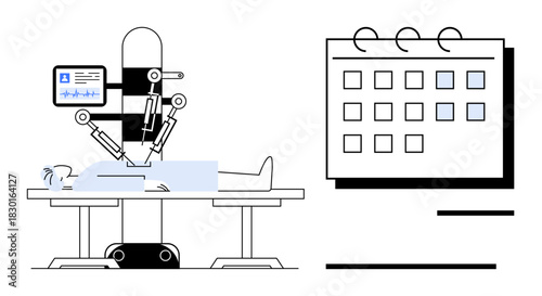 Robotic arms performing surgery on a patient, medical monitor displaying vitals, and calendar symbolizing procedural scheduling. Ideal for healthcare, technology, innovation, scheduling, precision