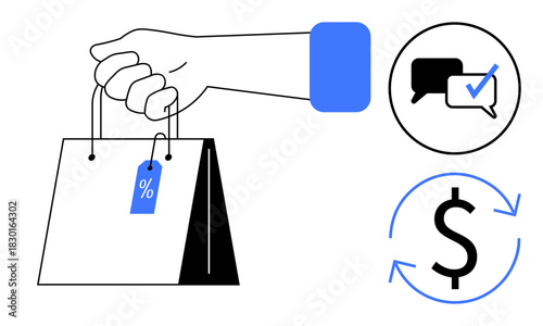 Hand holding shopping bag with discount tag. Feedback with checkmark and dollar arrows illustrate e-commerce, customer satisfaction, and profitability. Ideal for retail, sales, commerce, marketing