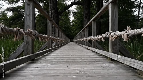 Walking on a Wooden Bridge Through a Forest Nature Trail Perspective