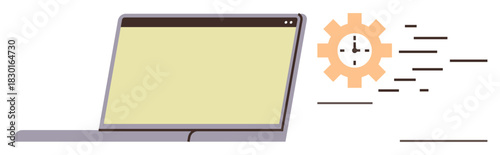 Open laptop paired with a moving gear featuring a clock, signifying time efficiency and productivity. Ideal for technology, workflow, time management, optimization, innovation, speed, simple flat