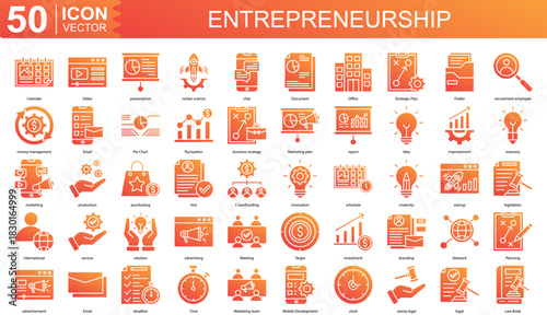 ENTREPRENEURSHIP icon collection set. Containing Office, Strategic Plan, Folder, recruitment employee, money management icon. Simple line vector