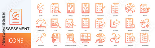 assessment icon collection set. Containing quality, evaluation, strategy, management, process, Mission icon. Simple line vector