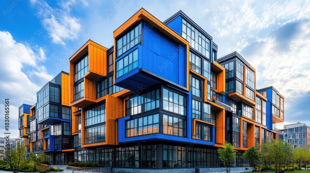 Fototapeta premium Modern colorful apartment building, city skyline, sunny day, architectural design, real estate
