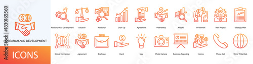 research and development icon collection set. Containing Decision, Research, Grow Up, Agreement, Partnership icon.