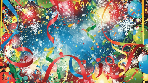 Vibrant Festive Background with Colorful Confetti, Streamers, and Snowflakes