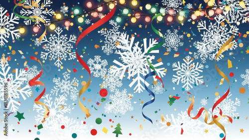 Vibrant holiday celebration with glowing string lights, swirling ribbons, confetti, and falling snowflakes.