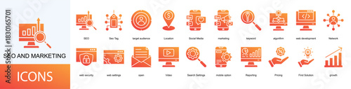 seo and marketing icon collection set. Containing SEO, Seo Tag, target audience, Social Media, marketing icon.