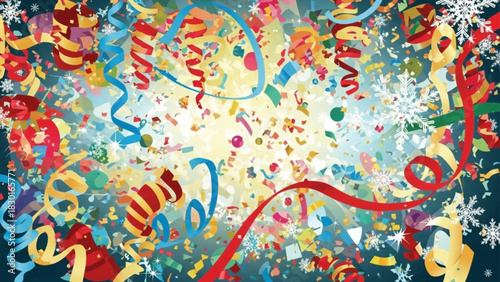 A festive explosion of colorful confetti, swirling streamers, and sparkling snowflakes.