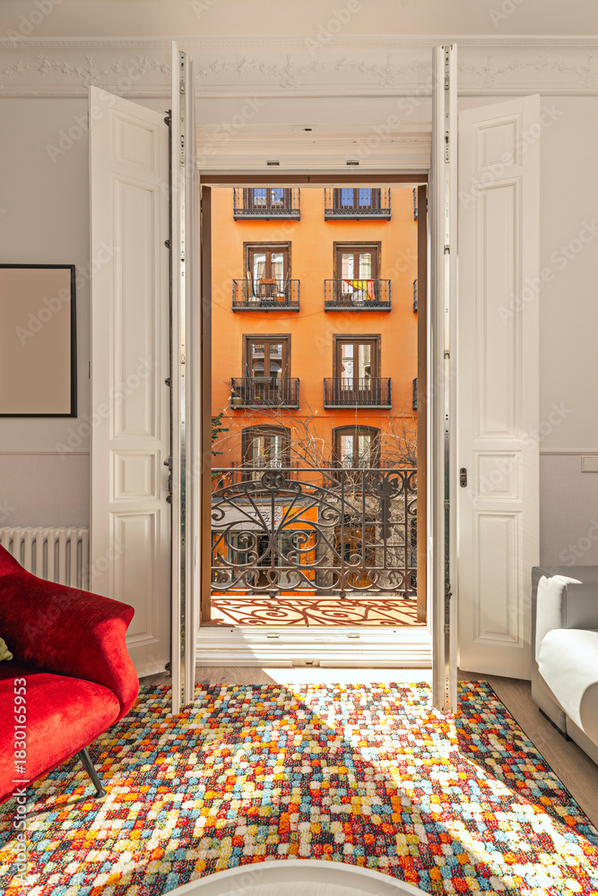 Obraz premium Gallery terrace with skylight, bookshelves, and comfortable armchairs for reading outdoors